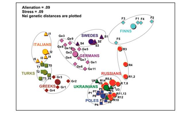 График многомерного шкалирования русских популяций по гаплогруппам Y-хромосомы. Южные и центральные русские образуют единый кластер, северные группы занимают изолированное положение - student2.ru