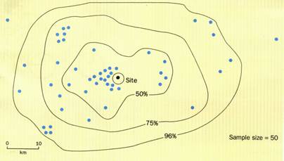 Fig. 1. Isoline map (interpolated) showing pedestrian values for a town centre. The dots indicate count points - student2.ru