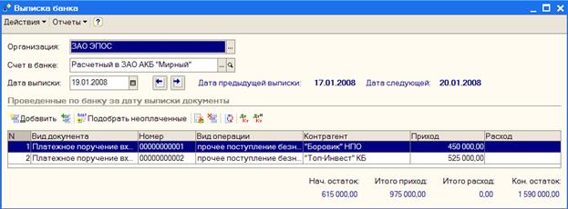 Получена выписка банка №1 о зачислении 17.01.2008 на расчетный счет ЗАО ЭПОС 615 000.00 руб - student2.ru