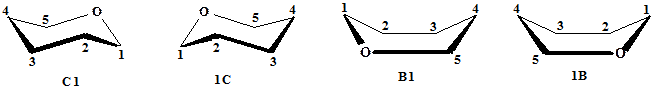 Конформации шестичленных (пиранозных) форм моносахаридов - student2.ru