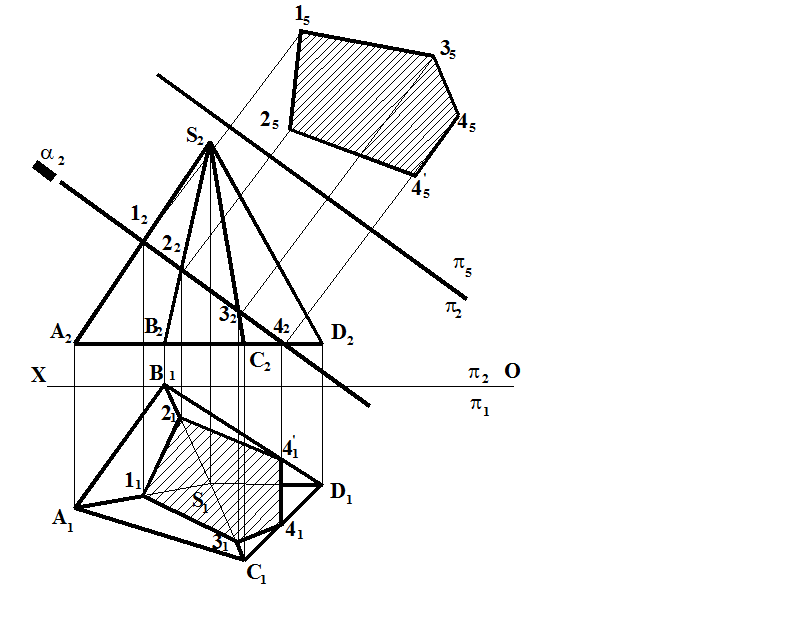 Примеры решения задач. Задача 1. Построить сечение пирамиды SABCD заданной горизонтально-проецирующей - student2.ru