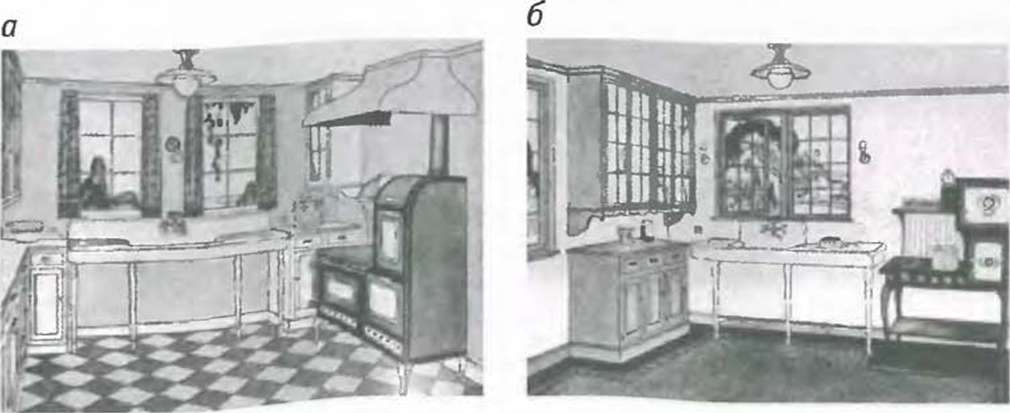 А— кухня 1920-х на газовом топливе; б— то же, на электричестве; в — кухня-столовая в современном доме - student2.ru