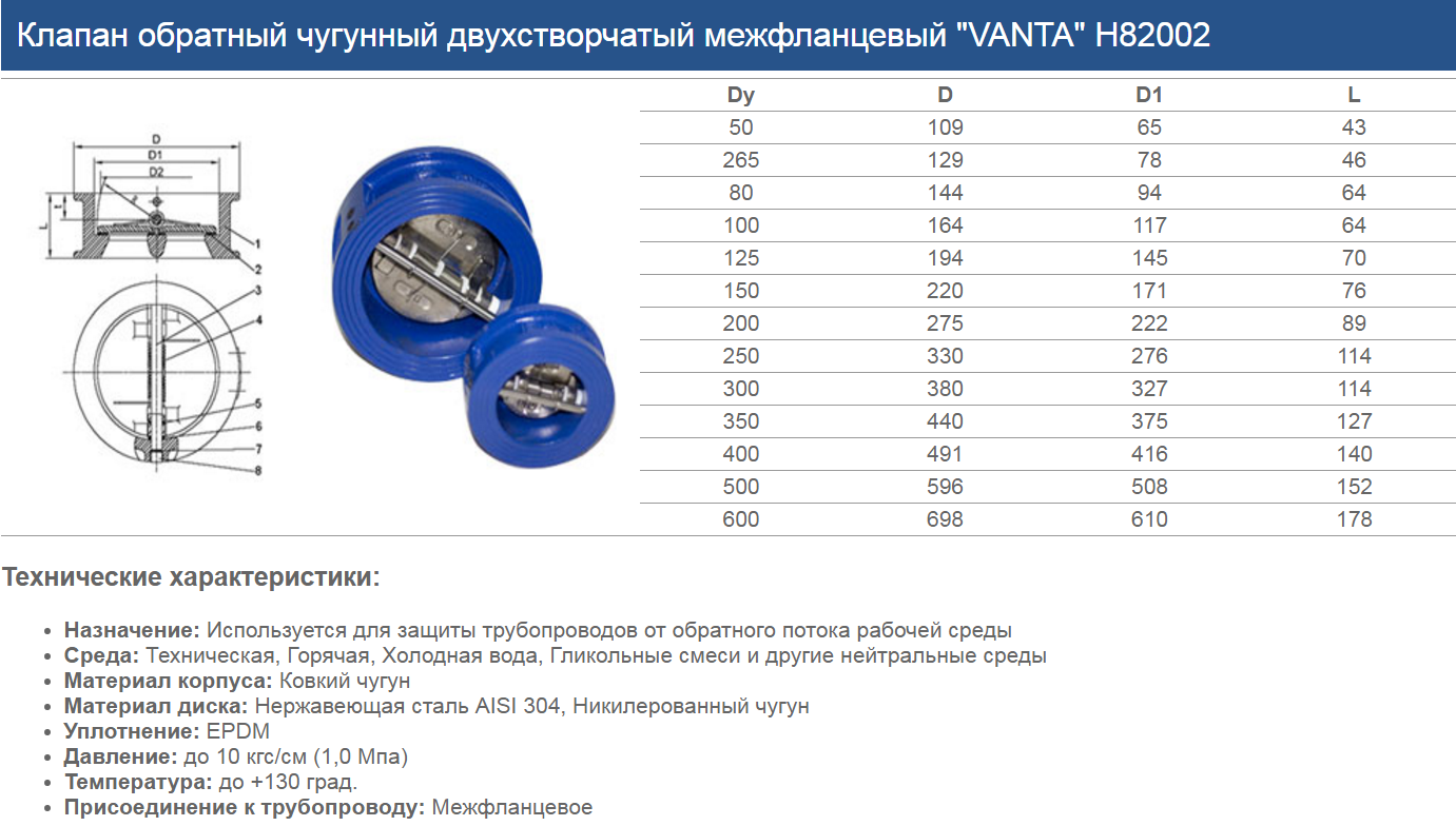 Диаметр обратного клапана