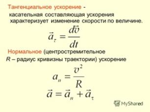 Ускорение движения. Тангенциальное и нормальное ускорения. Их направления и формулы. Формула скорости при равноускоренном движении. - student2.ru