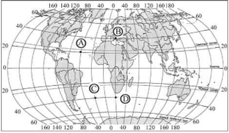 Часть А. 1. Какая из обозначенных на карте точек имеет географические координаты 40 с.ш - student2.ru
