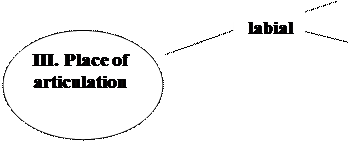 I) degree of noise, II) manner of articulation, III) place of articulation. - student2.ru