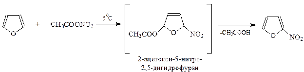 Реакции электрофильного замещения. Фуран легко вступает в реакции электрофильного замещения,легче, чем бензол - student2.ru