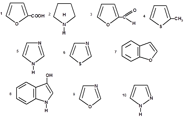 С одним и двумя гетероатомами. 1. Напишите структурные формулы и назовите соединения, образующиеся из бензола, если в его молекуле заменить: а) одну метиновую группировку −СН= на атом - student2.ru