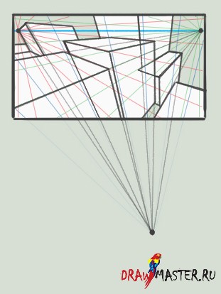 В перспективе в три точки больше нет никаких параллельных линий. Все нарисованные линии будут сходиться в определенной точке - student2.ru