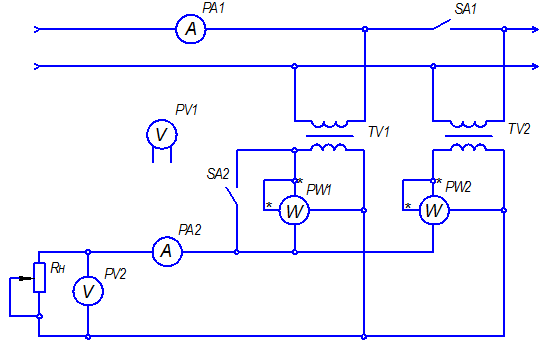 Описание лабораторной установки и порядок выполнения работы. Лабораторная установка состоит из двух трансформаторов ТV1 и ТV2, ваттметров PW1 и PW2, амперметров PA1 и PA2 - student2.ru