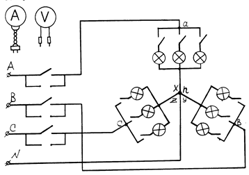Описание установки. Схема экспериментальной установки для исследования трехфазной электрической цепи приведена на рис.13 - student2.ru