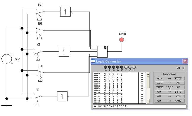 Послідовність виконання роботи. 1. Cкласти за допомогою логічного перетворювача (Logic Converter, меню Instruments ) таблицю істинності неповного дешифратора на п’ять входів і три виходи - student2.ru
