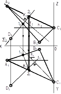 Построить проекции сферы (с центром в точке D), касательной к плоскости, заданной треугольником АВС. Определить радиус сферы и построить проекции точки касания - student2.ru