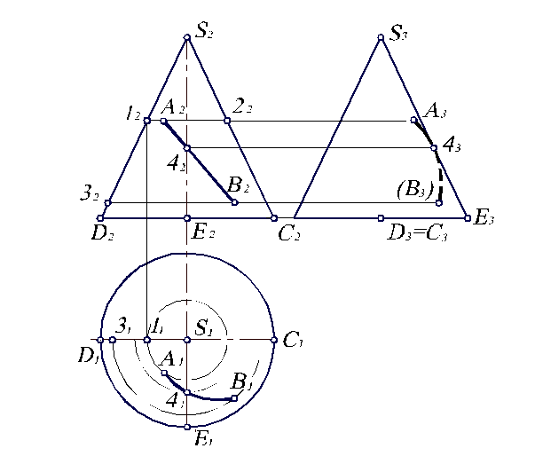 Принадлежность точки и линии поверхности. Рассмотрим построение проекций точки и линии последовательно на перечисленных выше поверхностях вращения. - student2.ru