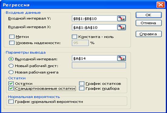 Справочная информацця по технологии работы с режимом «Регрессия» надстройки Пакет анализа MS Excel - student2.ru