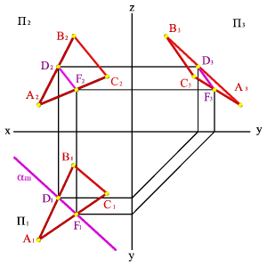 Задача. Дано: плоскость общего положения, заданная треугольником АВС, а вторая плоскость - горизонтально проецирующая a. - student2.ru